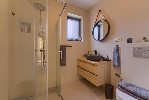 a bathroom with a sink and a glass shower at Apartment Villa Dolce Vita Korcula in Lumbarda