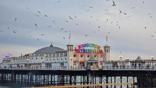 a flock of birds flying over a pier at Molly Marine - Bespoke 2 Bedroom Courtyard Apartment - 1 Minute From Brighton Pier in Brighton & Hove