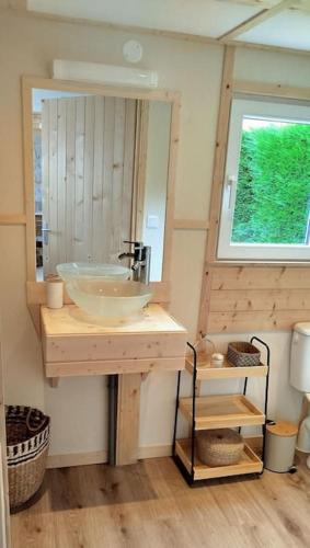 une salle de bain avec un lavabo et un miroir dans l'établissement BERCK-PLAGE - 4 Hébergements insolites Tiny House de 2 à 18 personnes, à Berck-sur-Mer