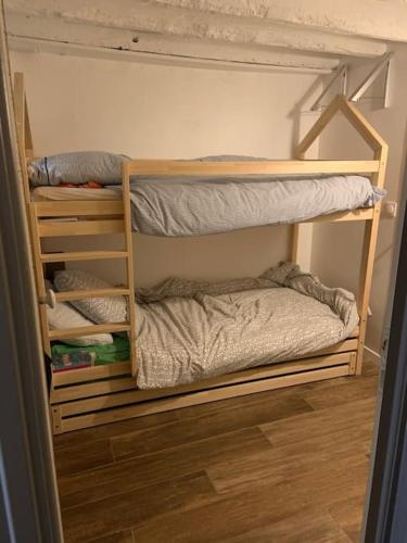 Cette chambre comprend 2 lits superposés et du parquet. dans l'établissement Charmant duplex Metro Raspail jardin du Luxembourg, à Paris