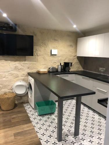 La cuisine est équipée d'une table, d'un lavabo et de toilettes. dans l'établissement Charmant duplex Metro Raspail jardin du Luxembourg, à Paris