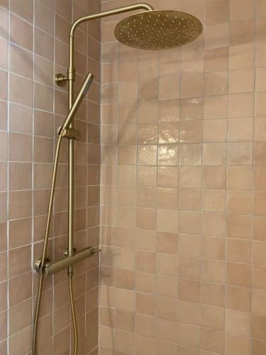 une douche avec pommeau de douche dans une salle de bain dans l'établissement Maison de village la digue, à Fabrègues