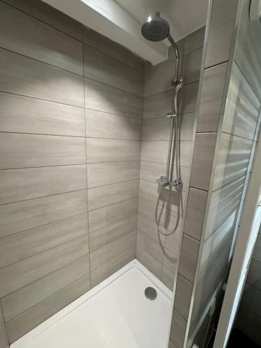une salle de bain avec une douche avec pommeau de douche dans l'établissement Charmant et spacieux duplex rue Paradis, Marseille, à Marseille