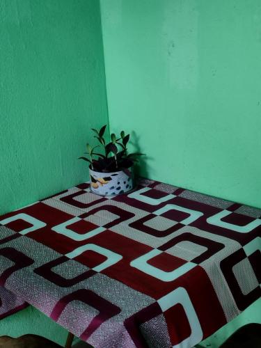 a table with a potted plant on top of it at Balbhadra Nibas in Puri