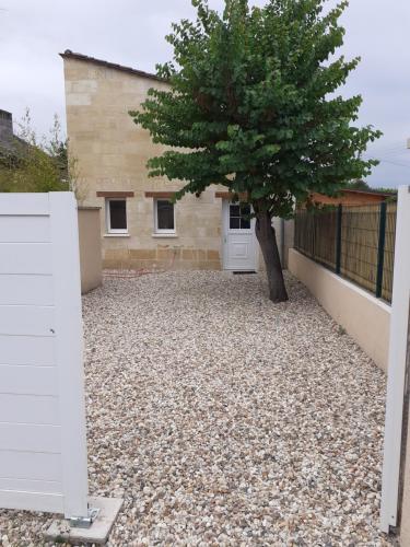 un arbre en face d'une maison avec allée dans l'établissement Le petit Gîte de France, à Libourne