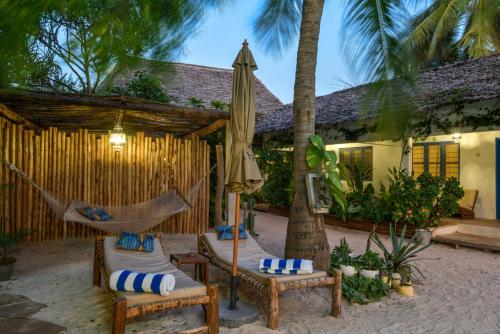 a hammock and chairs in front of a house at Badolina Bungalows in Nungwi
