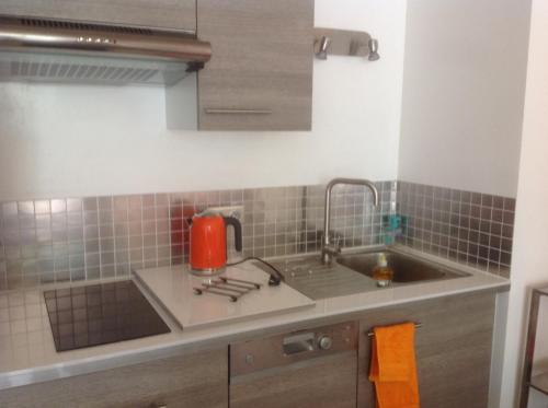 une cuisine avec un évier et un appareil rouge dans l'établissement Plein centre vue panoramique exceptionnelle Sud très grand studio, à Chamonix-Mont-Blanc