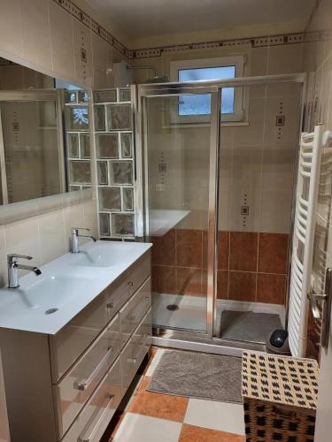 La salle de bains est pourvue d'une douche, d'un lavabo et d'une porte de douche en verre. dans l'établissement Maison bord de mer, à Saint-Germain-sur-Ay