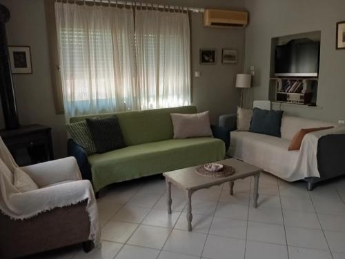 a living room with a green couch and a table at Εξοχικό ROXANI in Ambelákia