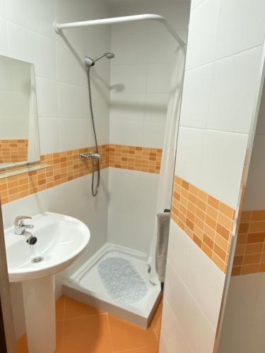 a bathroom with a sink and a shower at Apartamentos Peñaflor in Guadix