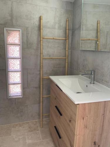 une salle de bain avec un lavabo et un miroir dans l'établissement Villa Fleur Oranger Issambres, vue mer, 15mn plage, aux Issambres