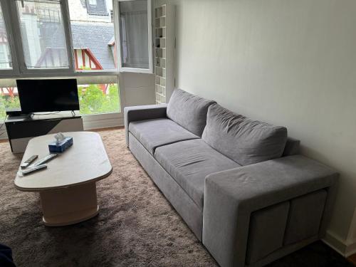 un salon avec un canapé et une table basse dans l'établissement L'assomption au calme paris 16e, à Paris