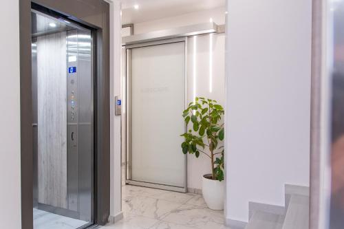 a hallway with a glass door and a plant at Airscape Hotel Free Shuttle From And To Athen's Airport in Artemida