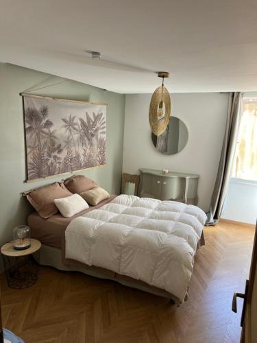 une chambre avec un grand lit dans une pièce dans l'établissement Chez Eric et Jess, à Narbonne