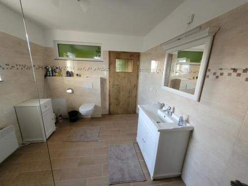 ein Badezimmer mit Waschbecken und Toilette in der Unterkunft Ferienhaus Bartelshagen 1 in Marlow