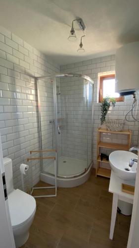 a bathroom with a shower and a tub and a sink at Rusínska chyža in Ulič
