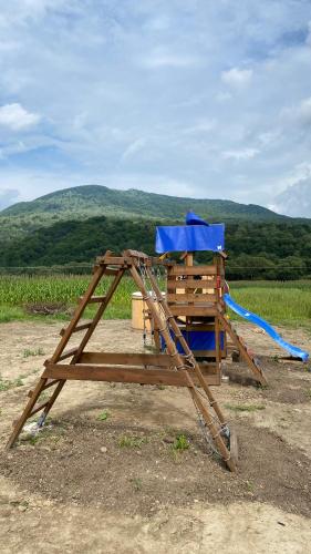 a wooden chair with a blue roof in a field at Rusínska chyža in Ulič