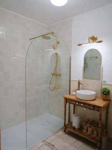 une salle de bain avec une douche en verre et un lavabo dans l'établissement Les Songes d'Augustine, à Aigues-Vives