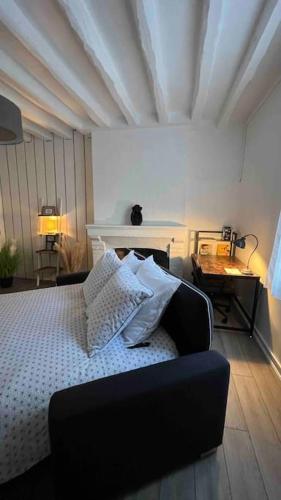 un salon avec un lit et un canapé dans l'établissement Logement La chartre sur le Loir 75m2, à La Chartre-sur-le-Loir