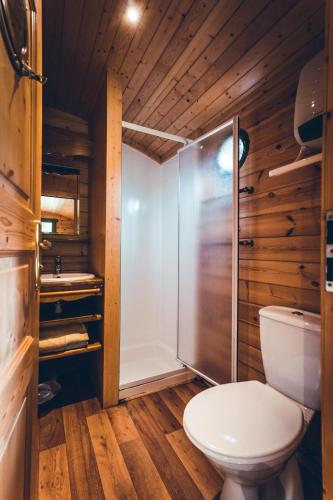 une salle de bain avec toilettes et douche dans l'établissement Domaine de La Ville Suzanne - Chambres d'hôtes, Roulottes et Cabanes, à Saint-Donan