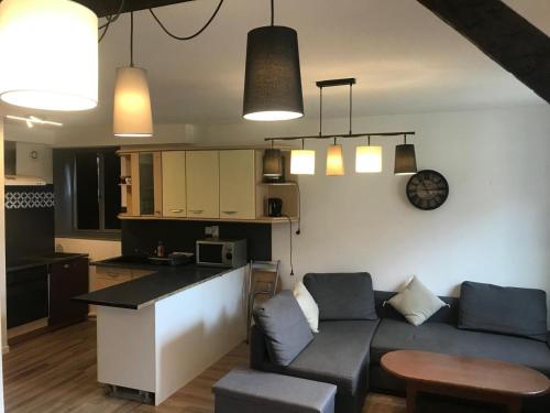 a kitchen and a living room with a couch and a table at Le gite 3 - Le Château du Lichtenberg in Sélestat