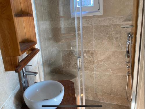 une salle de bain avec une douche avec des toilettes et un lavabo dans l'établissement Cosy studio tiny house, parking Mougins, proche Cannes, à Mougins