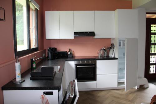 une cuisine avec des armoires blanches et un comptoir noir dans l'établissement Les Cimes 2, à Mont-Dore