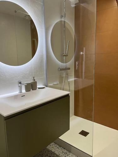 une salle de bain avec un lavabo et une douche avec un miroir dans l'établissement Appartement refait à neuf à proximité du centre ville, à Toulouse