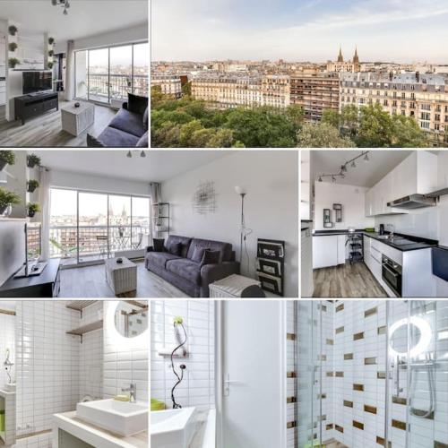 un collage de photos d'une cuisine et d'un salon dans l'établissement Studio Avec vue Panoramique Paris 11, à Paris