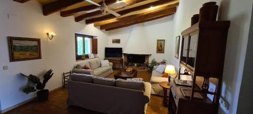 un salon avec deux canapés et une cheminée dans l'établissement Cal Colina - Karaktervol landhuis met privé zwembad, à Pacs del Penedes