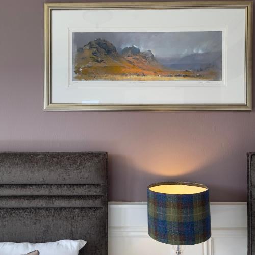 a bedroom with a bed and a picture and a lamp at Creag Mhor Lodge in Onich