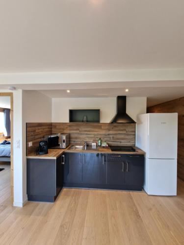 a kitchen with blue cabinets and a white refrigerator at Appartement Les Montagnes de Saxel in Saxel