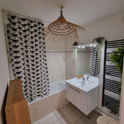 une salle de bain avec une baignoire, un lavabo et une douche dans l'établissement Appartement F3 Vaires-sur-Marne, à Vaires-sur-Marne