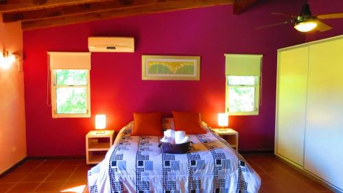 a bedroom with a bed with red walls and windows at Los Ancares Resort in Mina Clavero