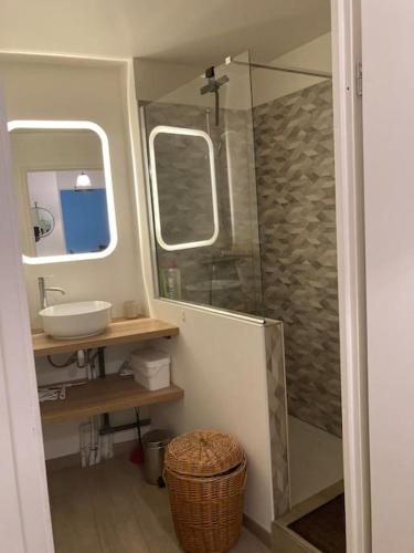 une salle de bain avec un lavabo et une douche en verre dans l'établissement Charmant T2 avec balcon - Golf National à 5 min, à Guyancourt