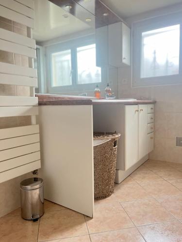 une cuisine avec un évier et un plan de travail dans l'établissement Logement près de Disneyland Paris, à Pontault-Combault