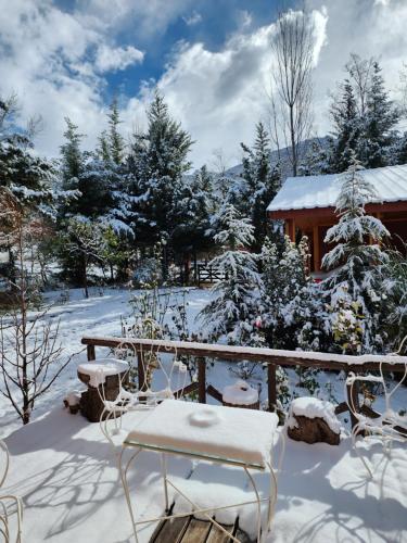 a snowy yard with a table and chairs in the snow at Cerro Indio in Potrerillos