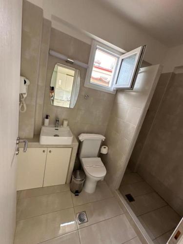 a small bathroom with a toilet and a sink at Villa Nikiti View semi-basement in Nikiti