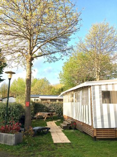 une petite cabine dans une cour avec un arbre dans l'établissement Mobilhome de 45 m2 au camping La Réserve, à Gastes