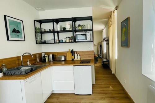 une cuisine avec un évier et un plan de travail dans l'établissement Le Repos du Pilat proche à 10 min Saint Etienne, à Saint Etienne