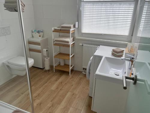 a white bathroom with a toilet and a sink at Ferienwohnung Blick Rappenstein in Hausen am Tann