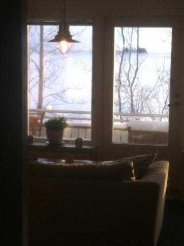 a room with a window with a couch and a potted plant at Tärnaby Rooms & Apartments in Tärnaby