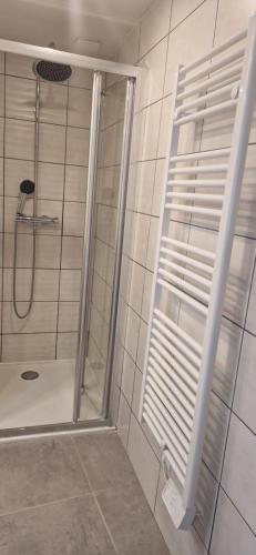 une douche avec une porte vitrée dans une salle de bain dans l'établissement Appartement cosy et confortable, à Brié-et-Angonnes