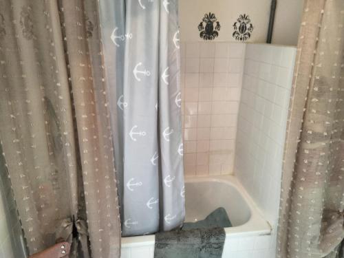 La salle de bains est pourvue d'un rideau de douche et d'une baignoire. dans l'établissement Agréable maison au centre de La Salvetat sur Agout, à La Salvetat-sur-Agout