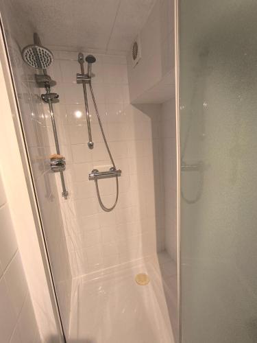 une salle de bain avec une douche avec une porte vitrée dans l'établissement Appartement F2 40m2, à Stains