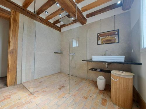 une salle de bain avec une douche en verre et un lavabo dans l'établissement Le gite des pommiers, à Haudricourt