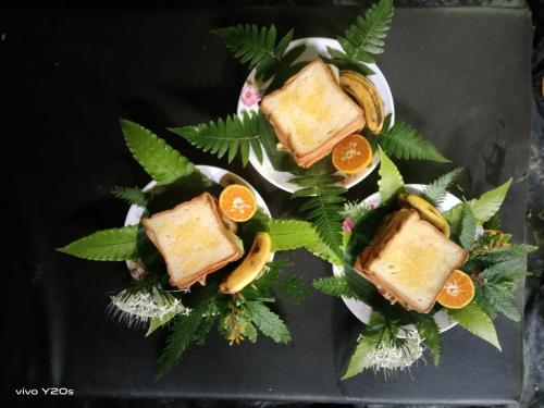 een bord met eten, sandwiches en sinaasappelschijfjes bij Bukit Lawang in Bukit Lawang