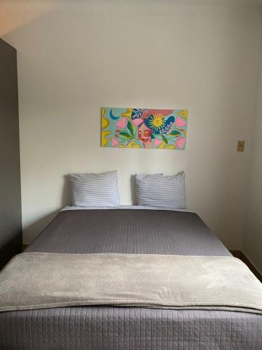 a bed with two pillows and a painting on the wall at CÉNTRICO in Santiago del Estero