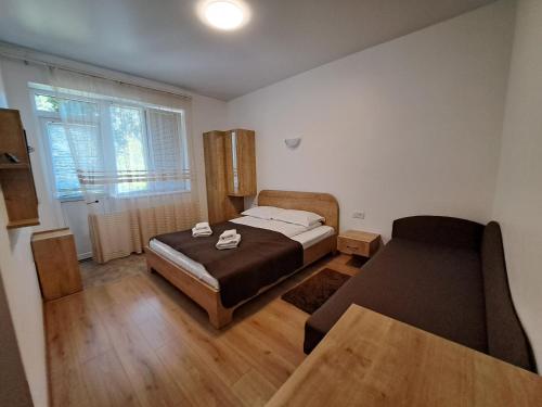 a bedroom with a bed and a table in it at Solomiia in Solochyn