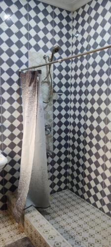 a bathroom with a shower with a shower curtain at Purple Springs Elmina #2 in Brunibuma